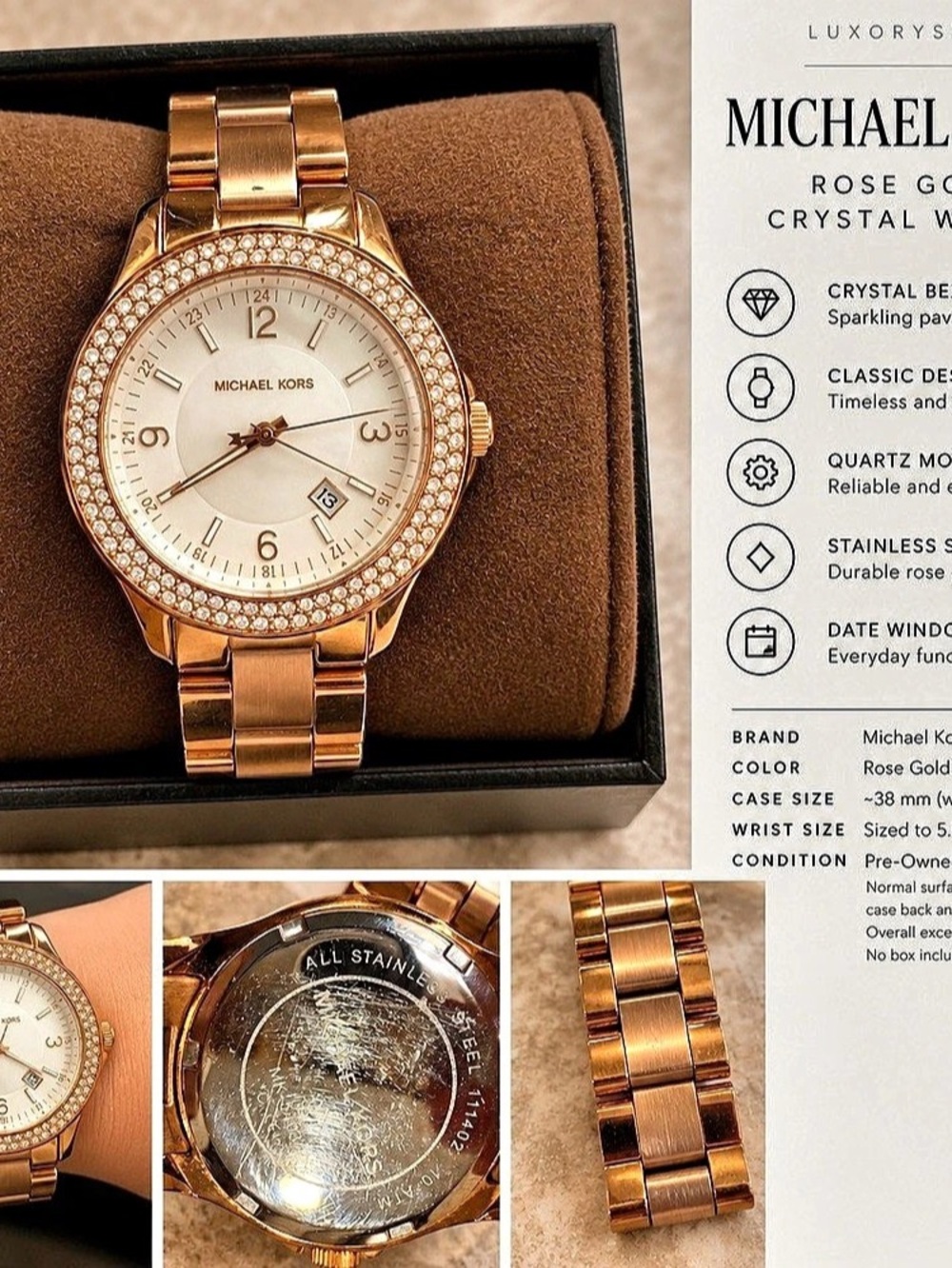 Michael Kors Rose Gold Crystal Bezel Mother of Pearl Watch 5.5” Wrist